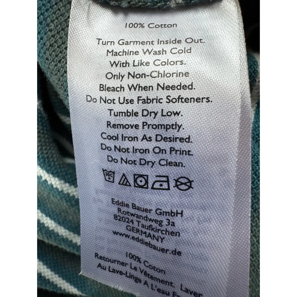Eddie Bauer Mens Striped‎ Polo Shirt Teal White Short Sleeve Collared Size L